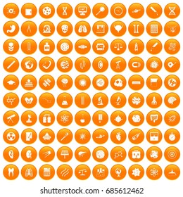 100 science icons set in orange circle isolated on white vector illustration