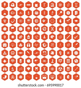 100 science icons set in orange hexagon isolated vector illustration