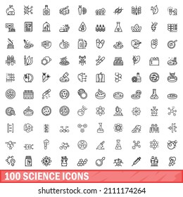 100 Wissenschaftssymbole gesetzt. Outline-Illustration von 100 Wissenschaftssymbolen, Vektorset einzeln auf weißem Hintergrund