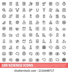 100 íconos científicos. Ilustración de esquema de 100 iconos de ciencia conjunto de vectores aislados en fondo blanco