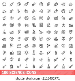 100 íconos científicos. Ilustración de esquema de 100 iconos de ciencia conjunto de vectores aislados en fondo blanco