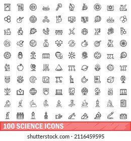 100 íconos científicos. Ilustración de esquema de 100 iconos de ciencia conjunto de vectores aislados en fondo blanco