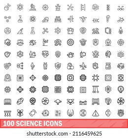 100 íconos científicos. Ilustración de esquema de 100 iconos de ciencia conjunto de vectores aislados en fondo blanco