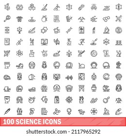 100 Wissenschaftssymbole gesetzt. Outline-Illustration von 100 Wissenschaftssymbolen, Vektorset einzeln auf weißem Hintergrund