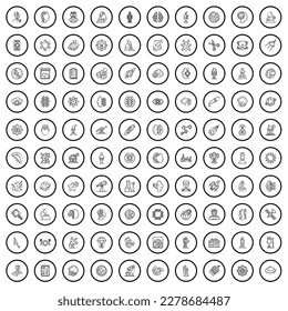 100 íconos científicos. Ilustración de esquema de 100 iconos de ciencia conjunto de vectores aislados en fondo blanco
