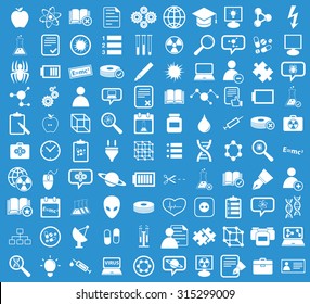 100 Science icons set in simple style. Illustration of 100 science vector icons white on blue background