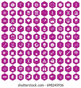 100 science icons set in violet hexagon isolated vector illustration