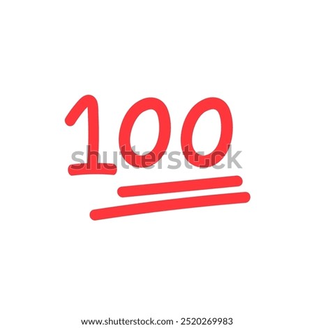 100 score mark. Hand drawn red hundred mark. Result, achievement, award, rating, report concepts. Flat decorative vector design isolated illustration.