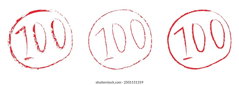 100 score. 100 percent. Emoji of one hundred. Icon of score points. emoticon of perfect number. Social badge, sign and sticker. Red text for discount, product and sale. Handwritten clipart. Vector.