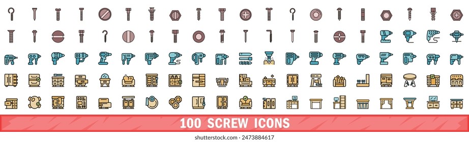 100 screw icons set. Color line set of screw vector icons thin line color flat on white