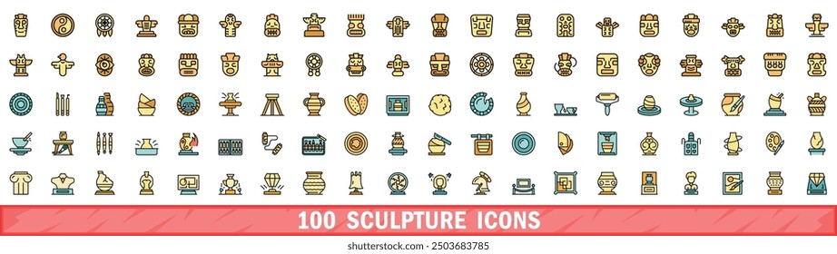 100 sculpture icons set. Color line set of sculpture vector icons thin line color flat on white