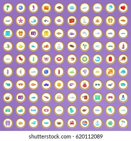 100 sea adventures icons set in cartoon style on purple background vector illustration