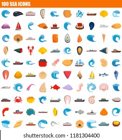 100 sea icon set. Flat set of 100 sea vector icons for web design