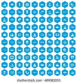100 sea icons set in blue hexagon isolated vector illustration