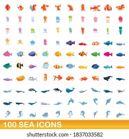 100 sea icons set. Cartoon illustration of 100 sea icons vector set isolated on white background