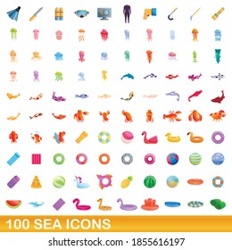 100 sea icons set. Cartoon illustration of 100 sea icons vector set isolated on white background