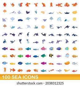 100 sea icons set. Cartoon illustration of 100 sea icons vector set isolated on white background
