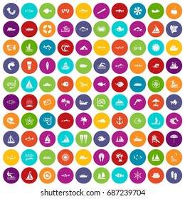 100 sea icons set in different colors circle isolated vector illustration