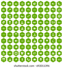 100 sea icons set in green hexagon isolated vector illustration