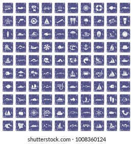 100 sea icons set in grunge style sapphire color isolated on white background vector illustration