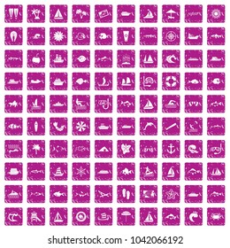 100 sea icons set in grunge style pink color isolated on white background vector illustration