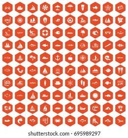 100 sea icons set in orange hexagon isolated vector illustration