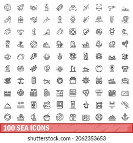 100 sea icons set. Outline illustration of 100 sea icons vector set isolated on white background