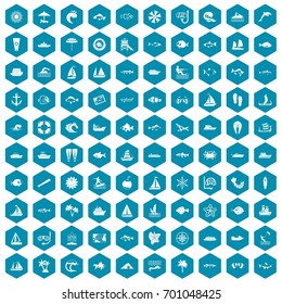 100 sea icons set in sapphirine hexagon isolated vector illustration
