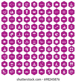 100 sea icons set in violet hexagon isolated vector illustration