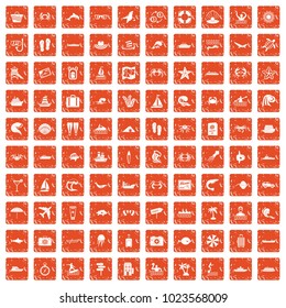100 sea life icons set in grunge style orange color isolated on white background vector illustration