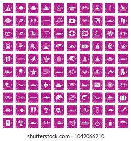 100 sea life icons set in grunge style pink color isolated on white background vector illustration