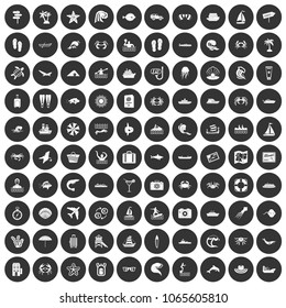 100 sea life icons set in simple style white on black circle color isolated on white background vector illustration