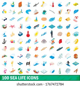 100 sea life icons set in isometric 3d style for any design vector illustration