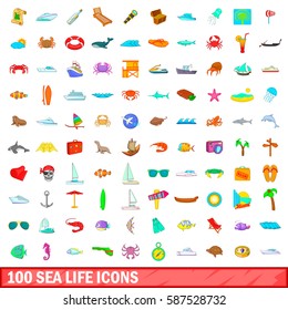 100 sea life icons set in cartoon style for any design vector illustration