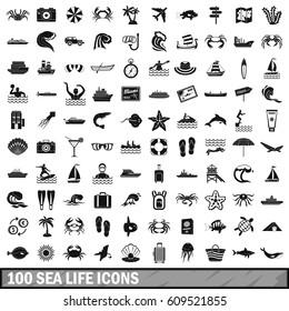 100 sea life icons set in simple style for any design vector illustration