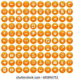 100 sea life icons set in orange circle isolated on white vector illustration