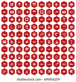 100 sea life icons set in red hexagon isolated vector illustration