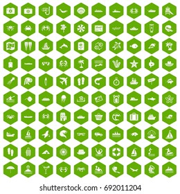 100 sea life icons set in green hexagon isolated vector illustration