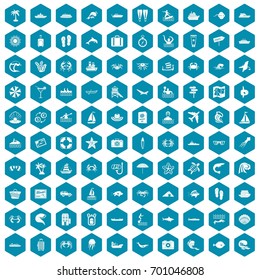 100 sea life icons set in sapphirine hexagon isolated vector illustration