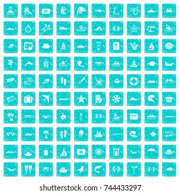 100 sea life icons set in grunge style blue color isolated on white background vector illustration