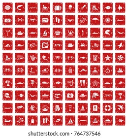 100 sea life icons set in grunge style red color isolated on white background vector illustration