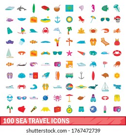 100 sea travel icons set in cartoon style for any design illustration