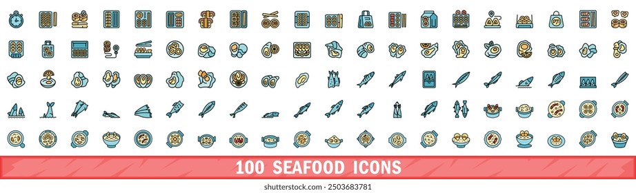 100 seafood icons set. Color line set of seafood vector icons thin line color flat on white