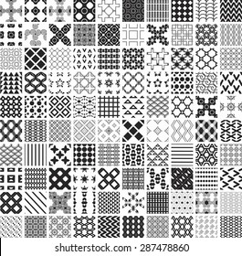 100 seamless abstract  geometric patterns and designs in black and white color, monochrome. Endless texture can be used for Wallpaper, pattern fills the background of your web page, surface textures.