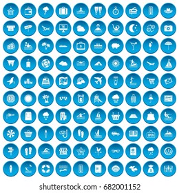 100 seaside resort icons set in blue circle isolated on white vector illustration