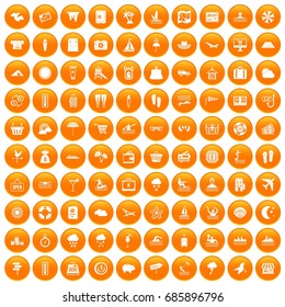 100 seaside resort icons set in orange circle isolated on white vector illustration