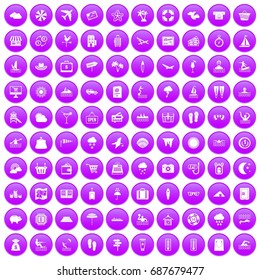 100 seaside resort icons set in purple circle isolated on white vector illustration