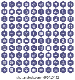 100 seaside resort icons set in purple hexagon isolated vector illustration