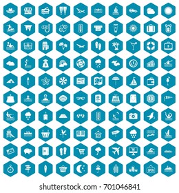 100 seaside resort icons set in sapphirine hexagon isolated vector illustration