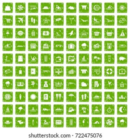 100 seaside resort icons set in grunge style green color isolated on white background vector illustration